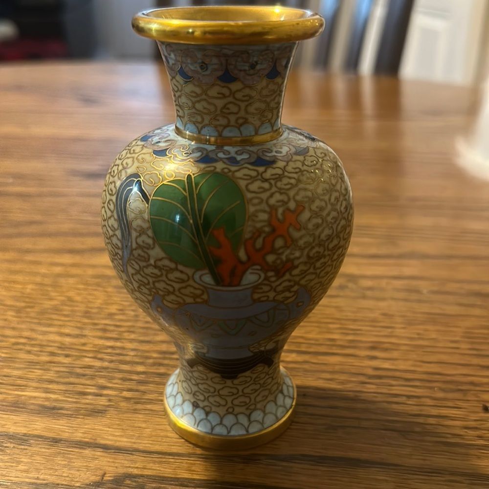 Antique Brass Painted Cloisonné 5” Vase